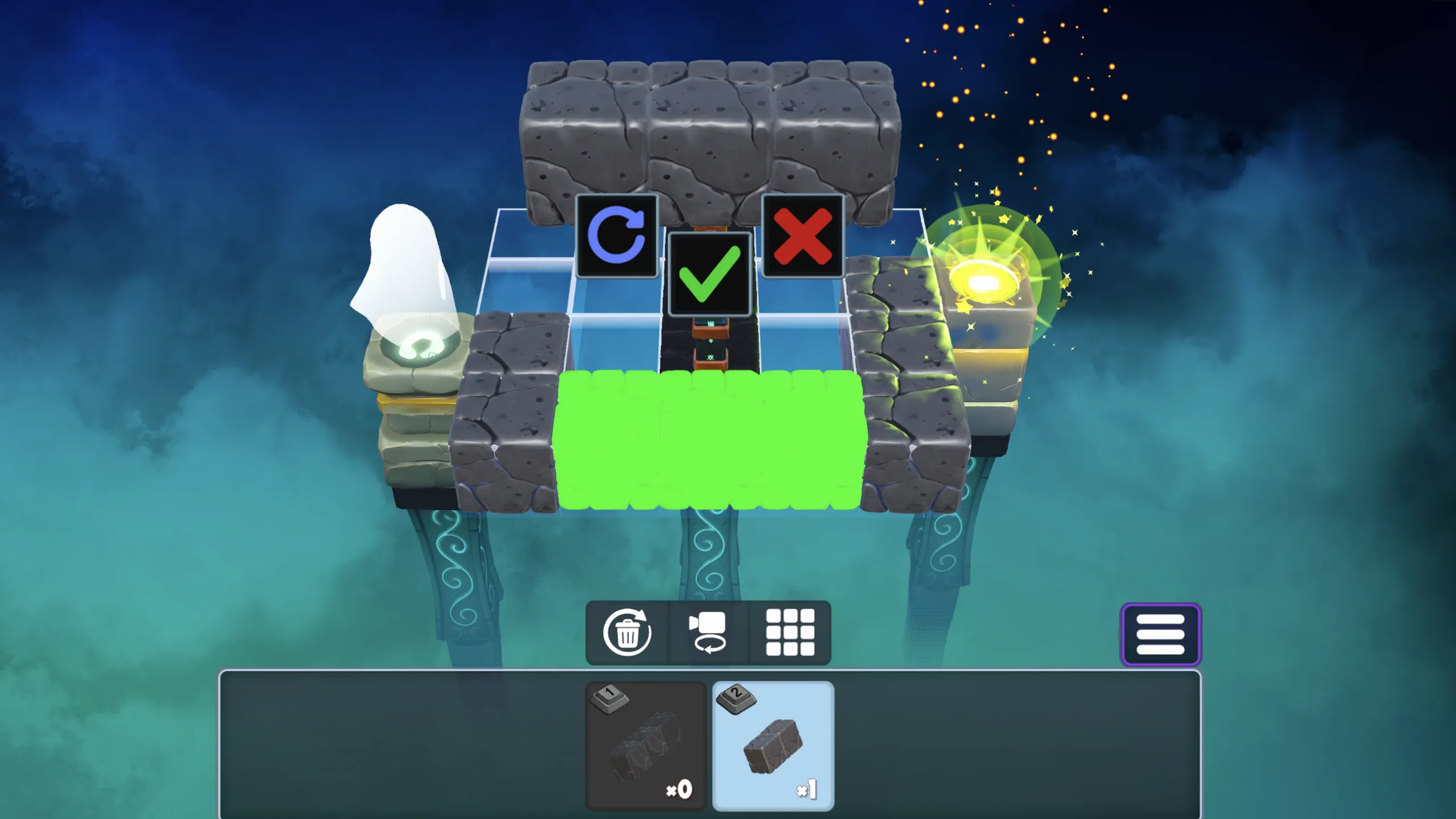 A quiet outdoor pathway puzzle level featuring four ghost characters standing on polyomino blocks