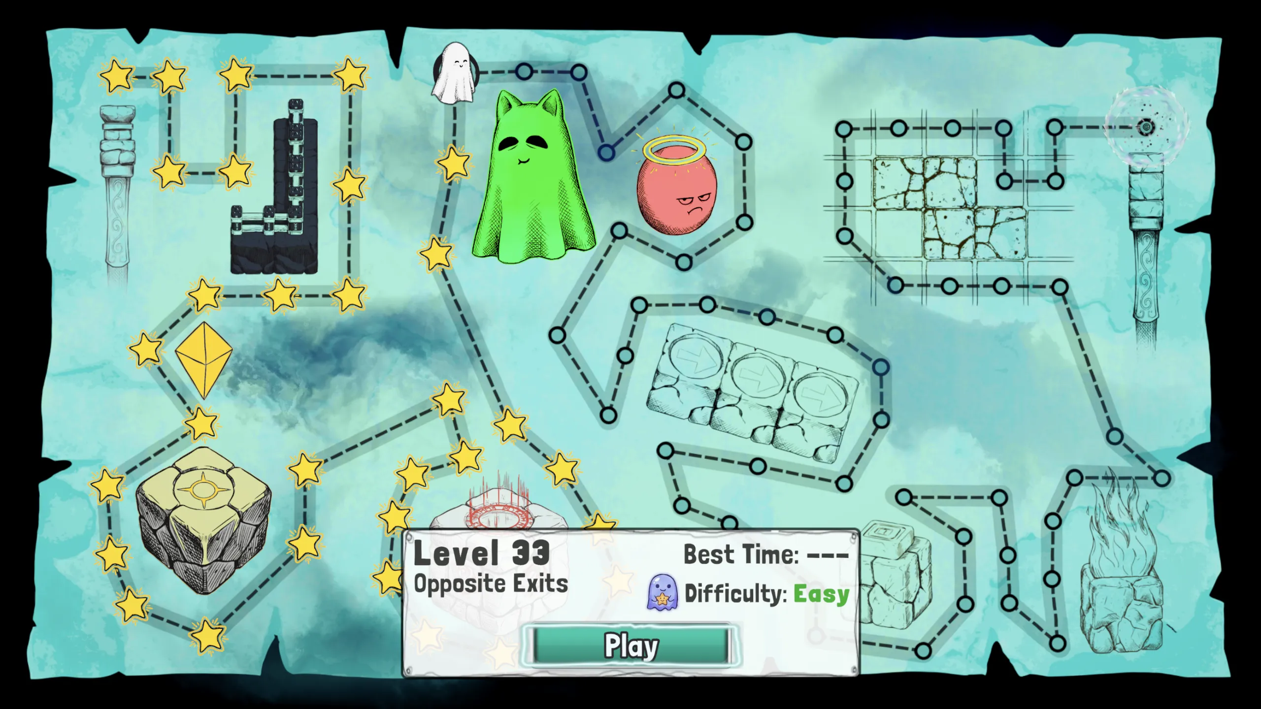 A late-game complex puzzle layout with teleporters, switches, and intersecting glowing routes