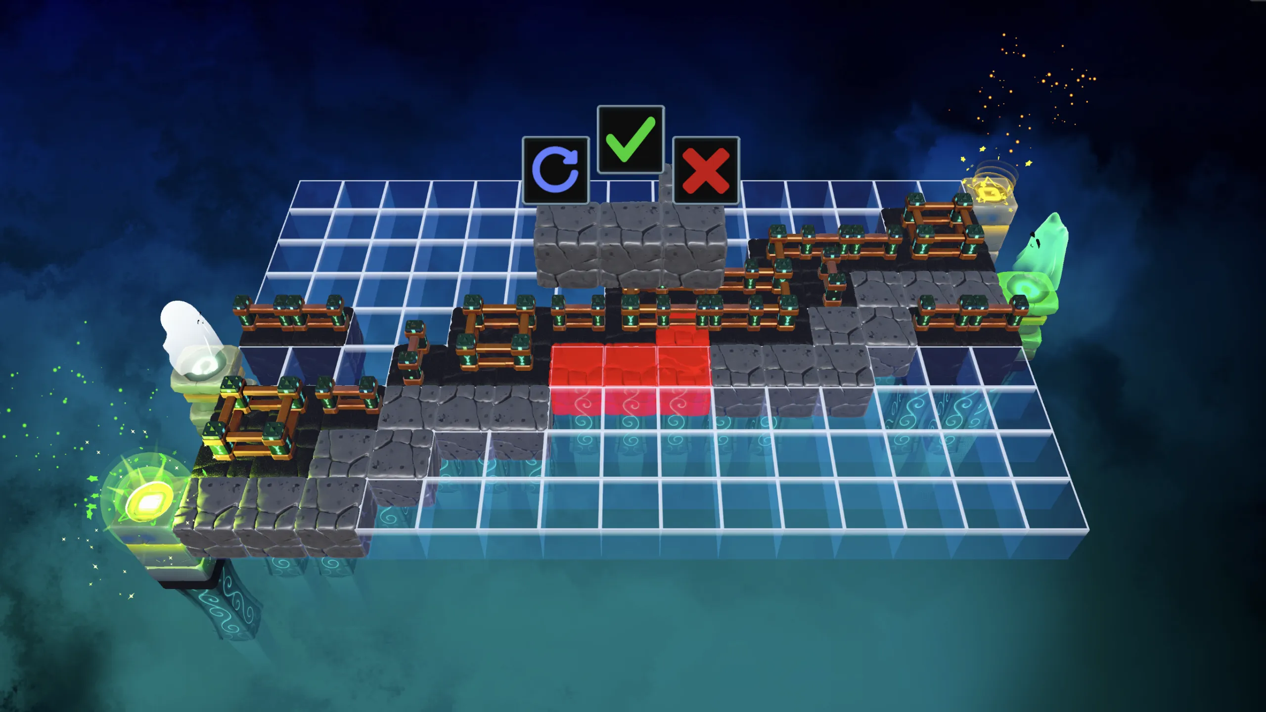 A dimly lit room showing an intricate puzzle structure built from 3D pathway segments